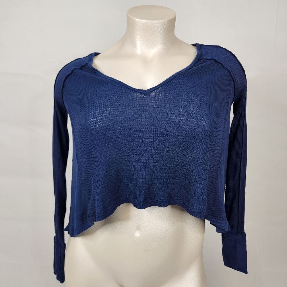 Free People Navy Blue Exposed Seam Waffle Knit Thermal Long Sleeve Top Sz Xs